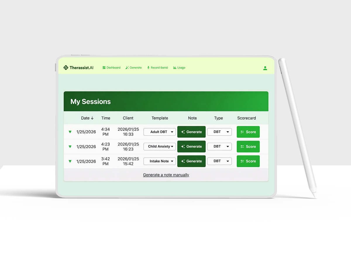 Therassist My Sessions dashboard showing session list with Generate notes and Score buttons