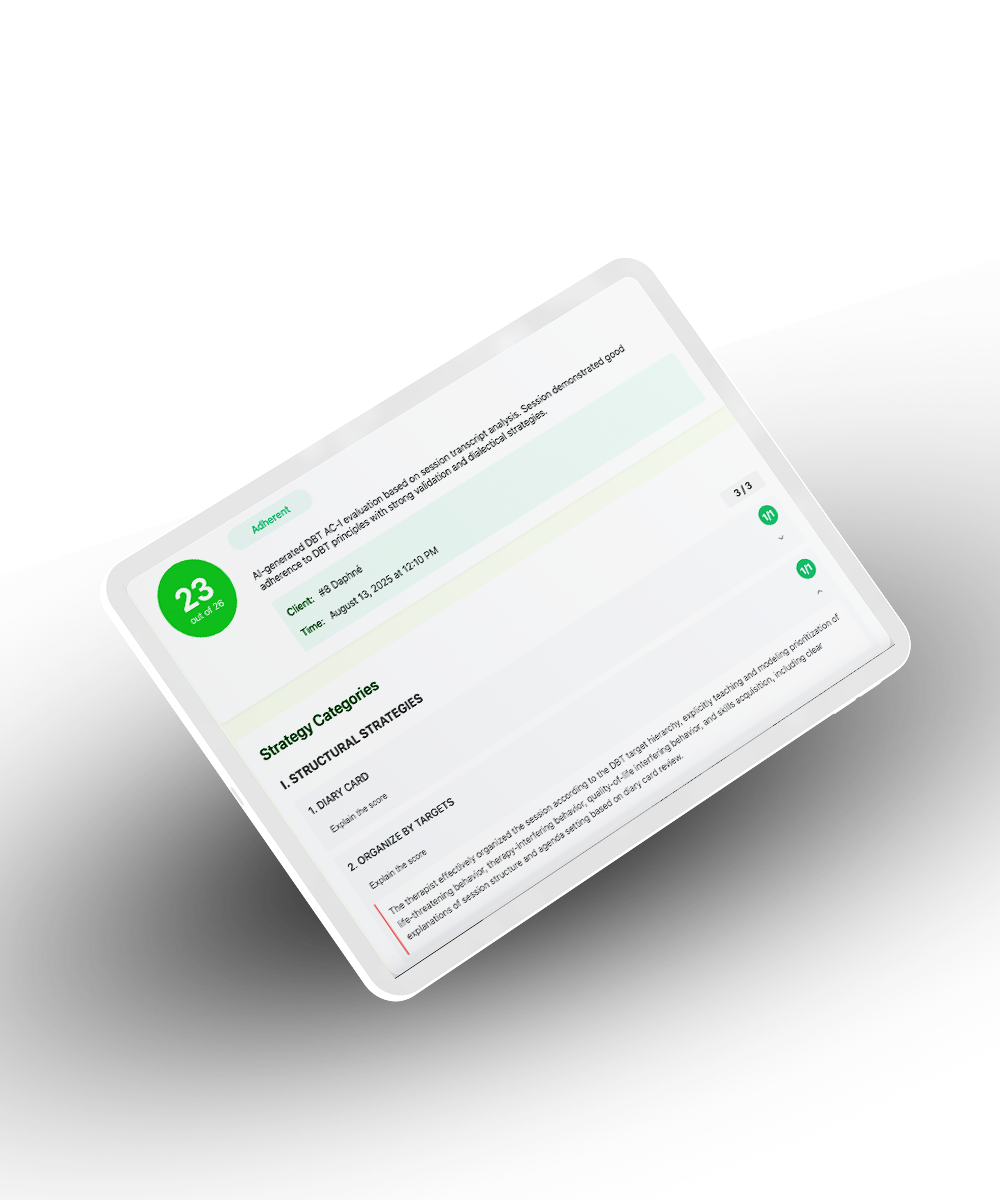 DBT Adherence Scorecard showing 23 out of 26 score with detailed strategy feedback
