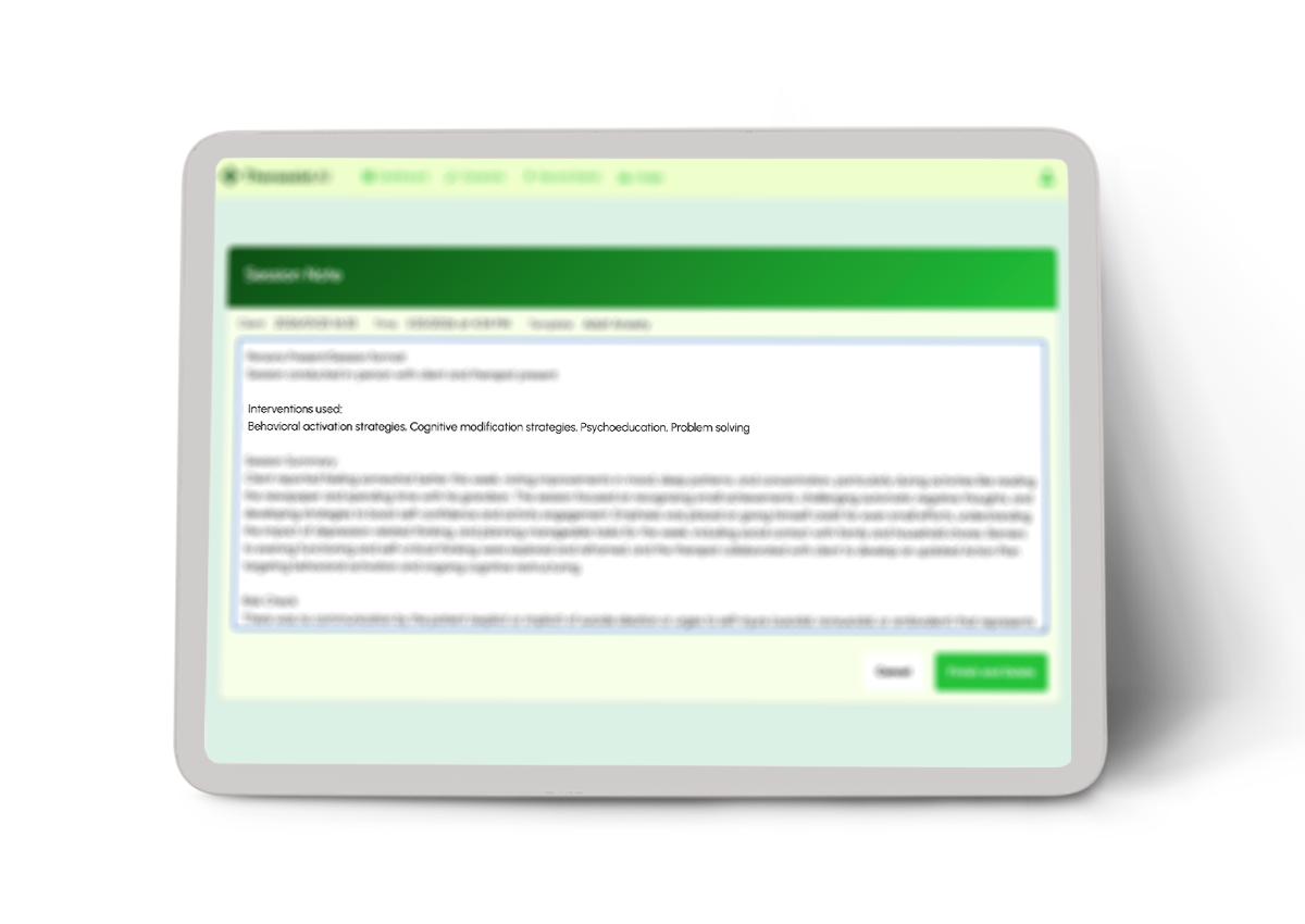 Therassist Session Note showing client session summary, interventions used, and risk check